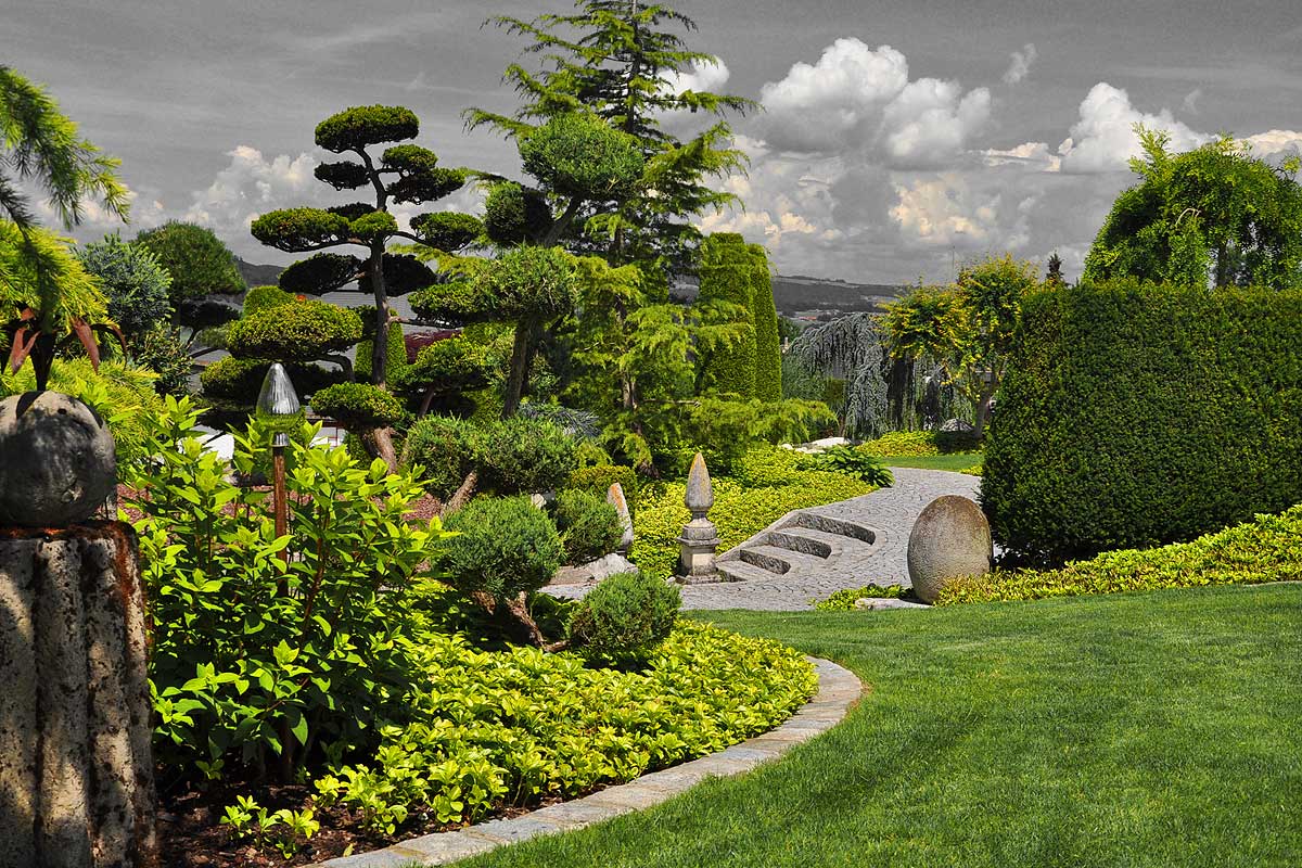 Asiatischer Garten mit Weg und Pflanzen